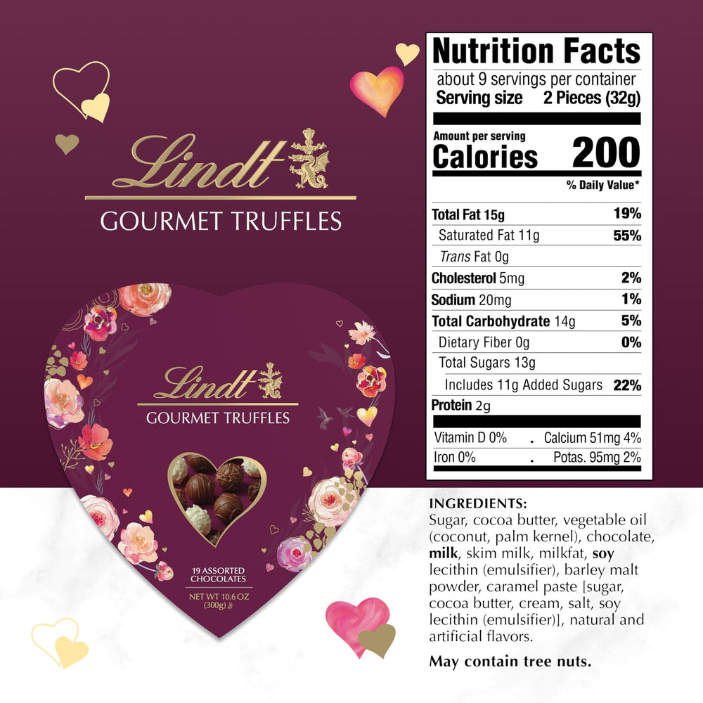 Lindt Valentine heart box open revealing 19 assorted truffles for sharing