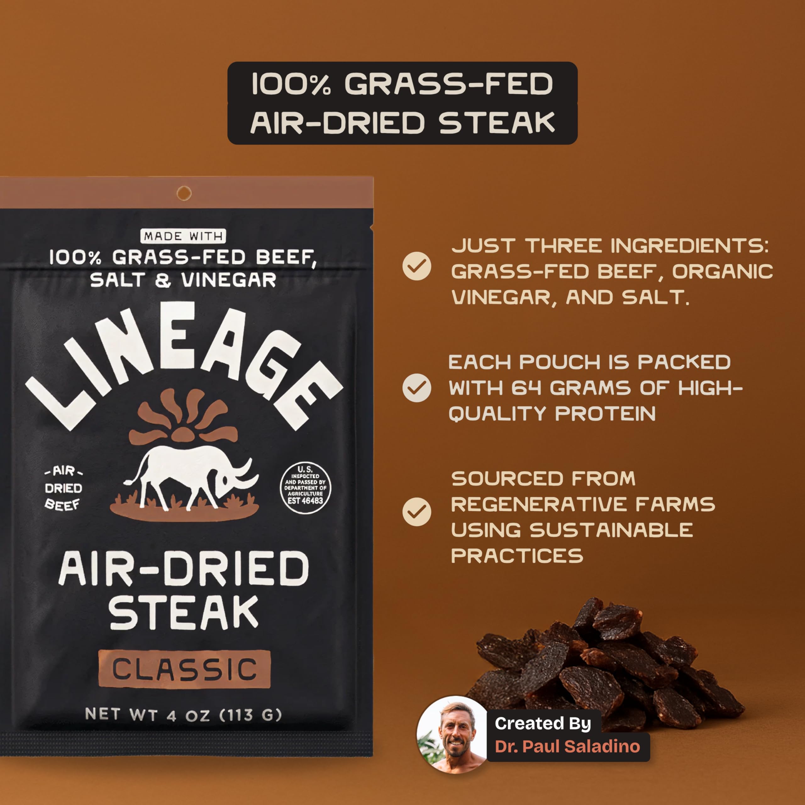 Lineage Provisions 4oz pouch highlighting 64 g protein per serving