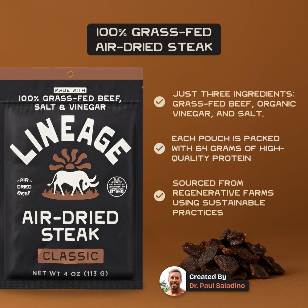 Lineage Provisions 4oz pouch highlighting 64 g protein per serving