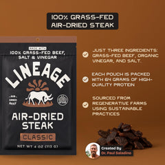 Lineage Provisions 4oz pouch highlighting 64 g protein per serving