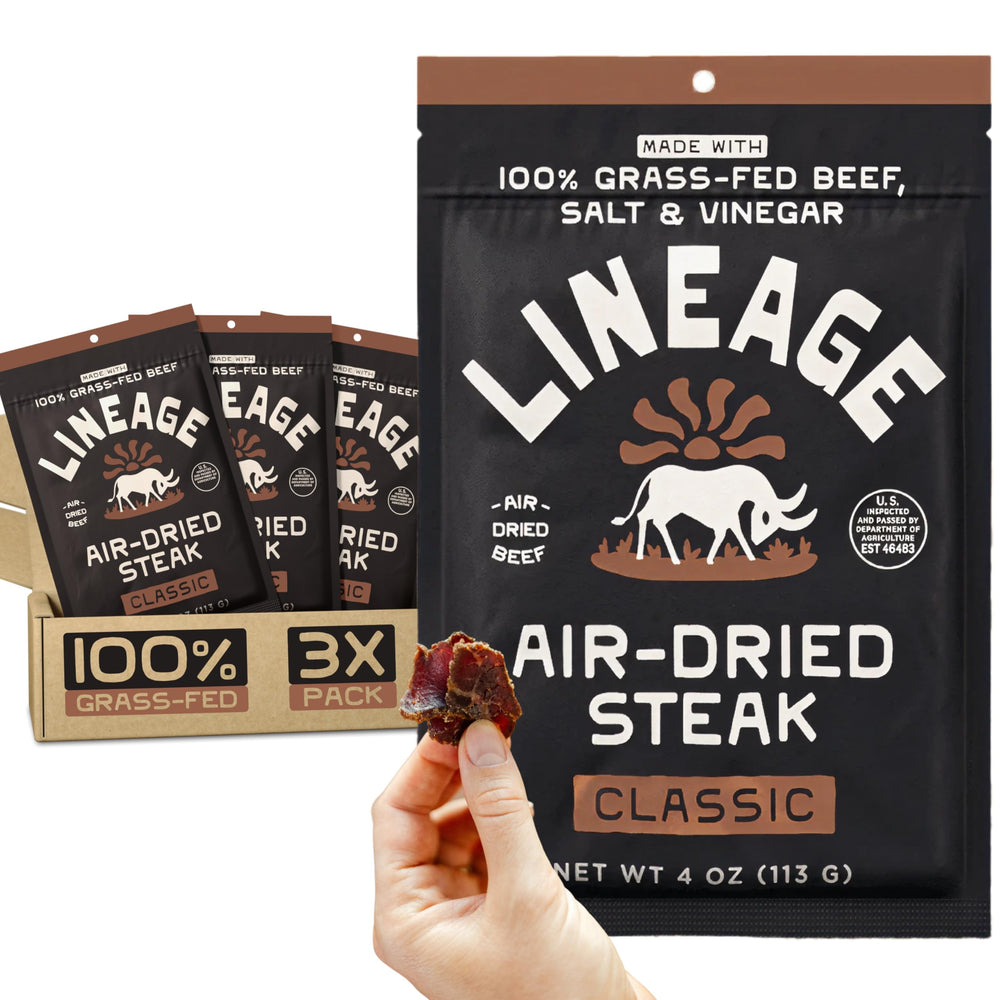 Lineage Provisions grass-fed air-dried steak pack front highlights a clean-label snack for busy days