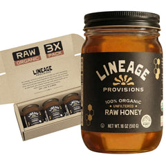 Lineage Provisions raw honey glass jar on kitchen counter for drizzle