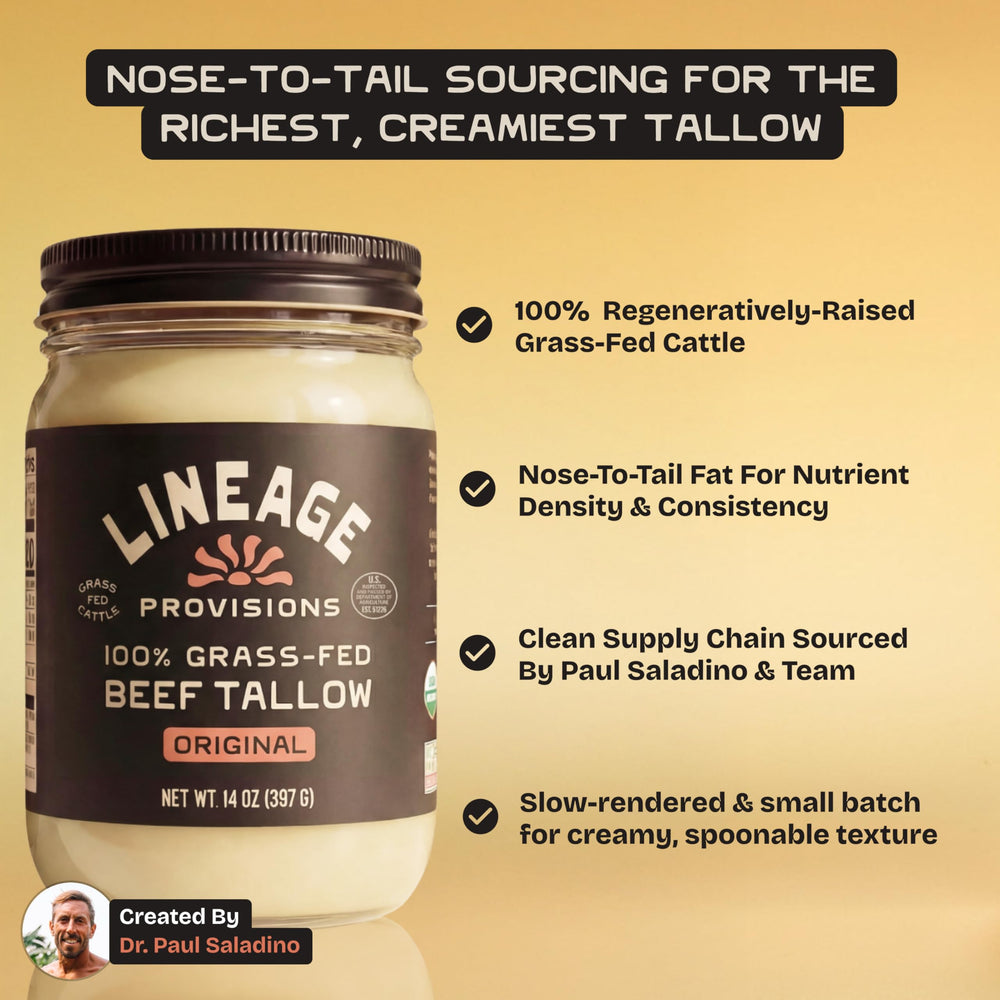 Lineage Provisions tallow being poured into a skillet for crispy results.