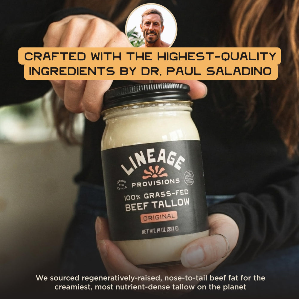 Lineage Provisions tallow with third-party testing badge for purity.