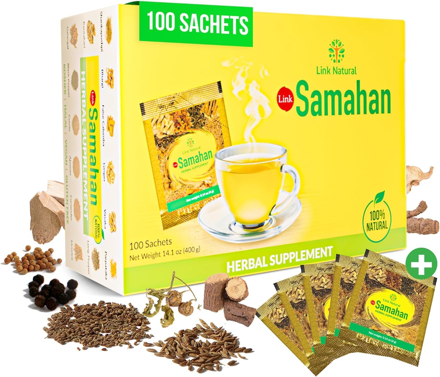 LINK SAMAHAN Ayurvedic tea packets with ginger and spice for daily comfort.
