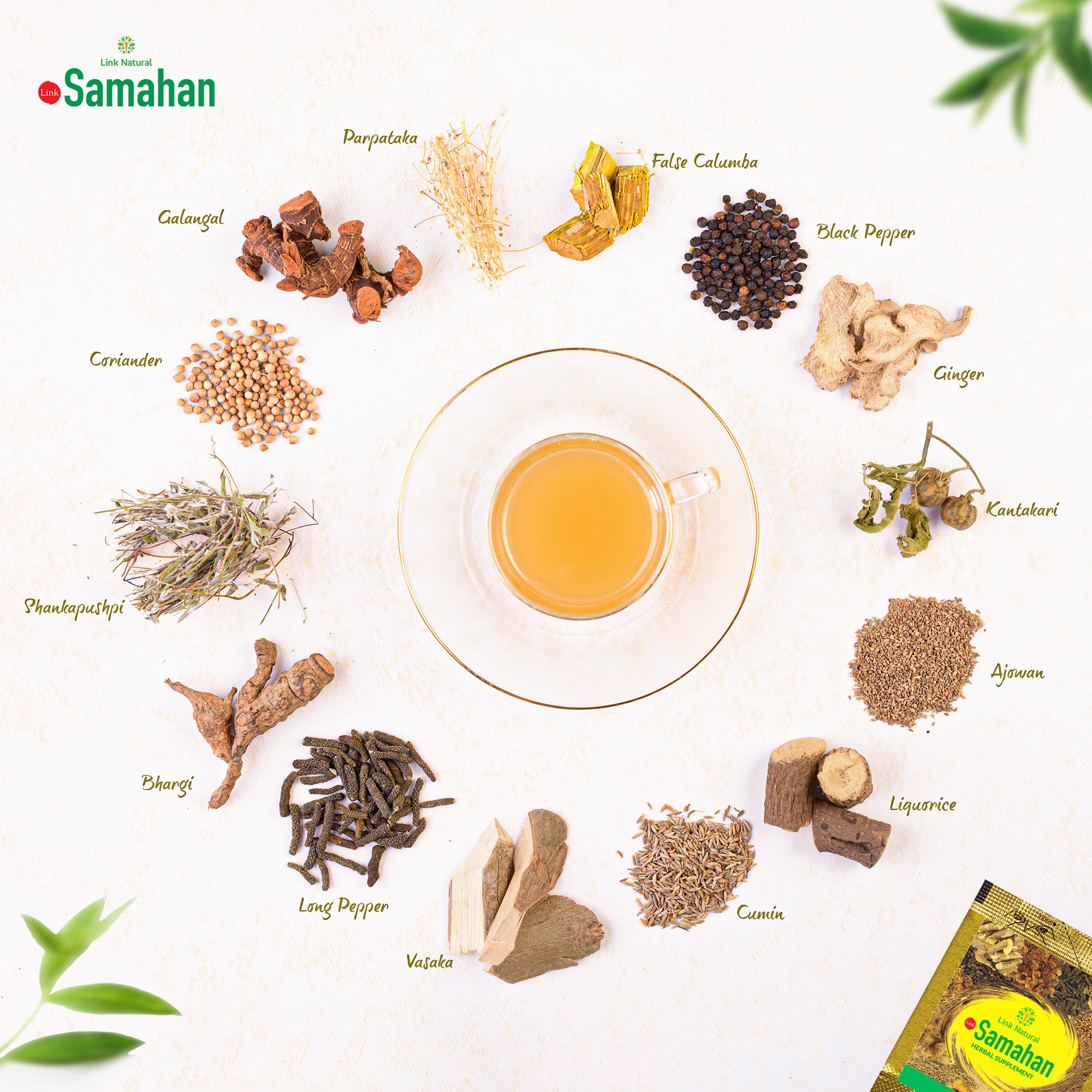 Link SAMAHAN sachets dissolving in hot water with rising aroma.