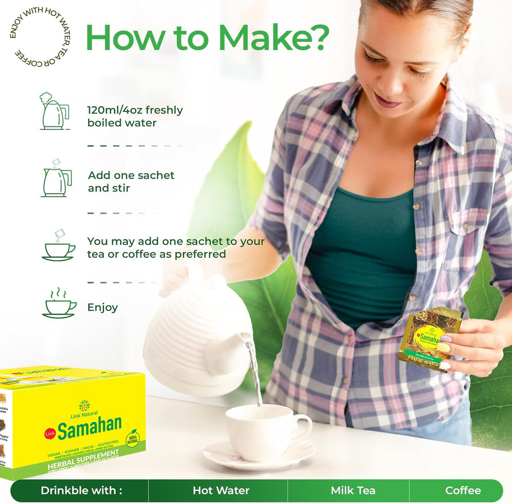 LINK SAMAHAN Herbal ingredients in a bowl show a 14-herb blend for wellness.