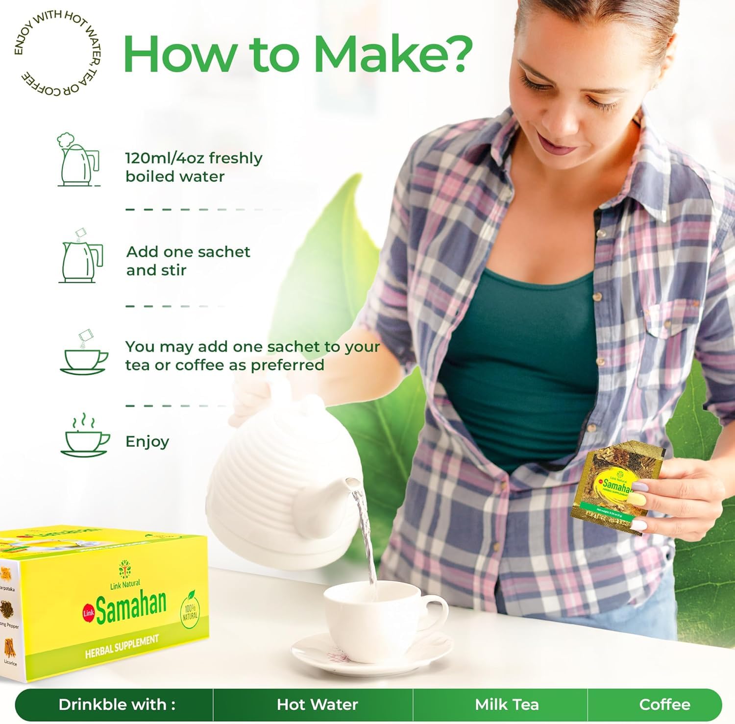 LINK SAMAHAN tea packets brewing in hot water creates a soothing moment.