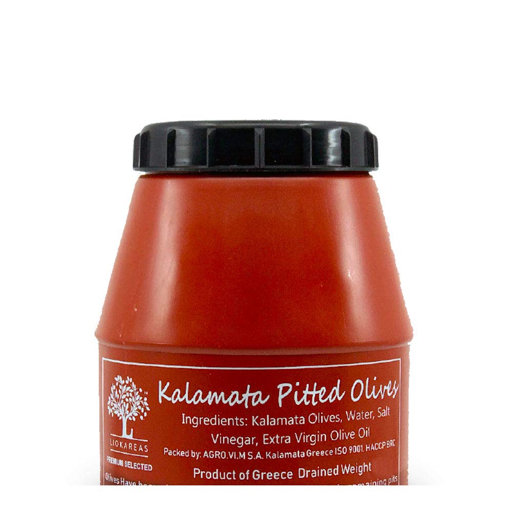 Liokareas Kalamata olives in brine close-up highlighting rich color