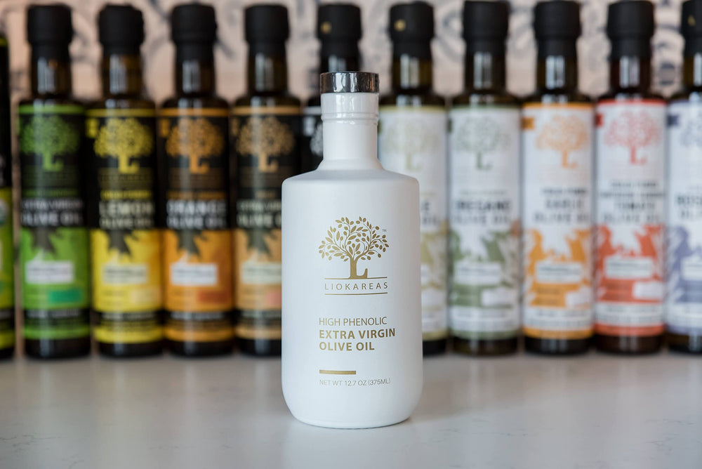 Liokareas Rx High Phenolic EVOO polyphenol content graphic illustrates quality.