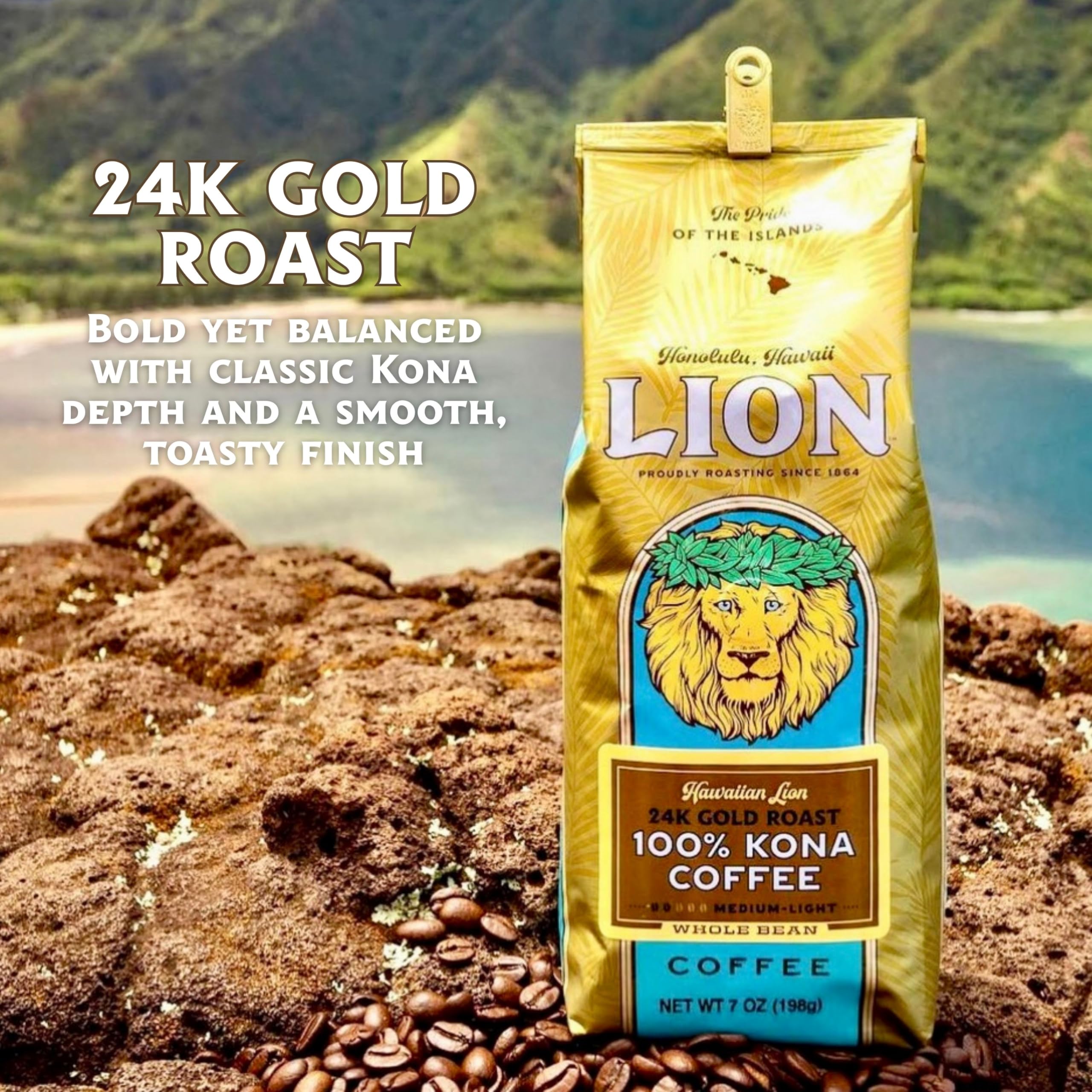 Lion Coffee 24K Gold Roast steaming cup, ideal for a bright morning ritual.