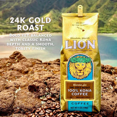 Lion Coffee 24K Gold Roast steaming cup, ideal for a bright morning ritual.