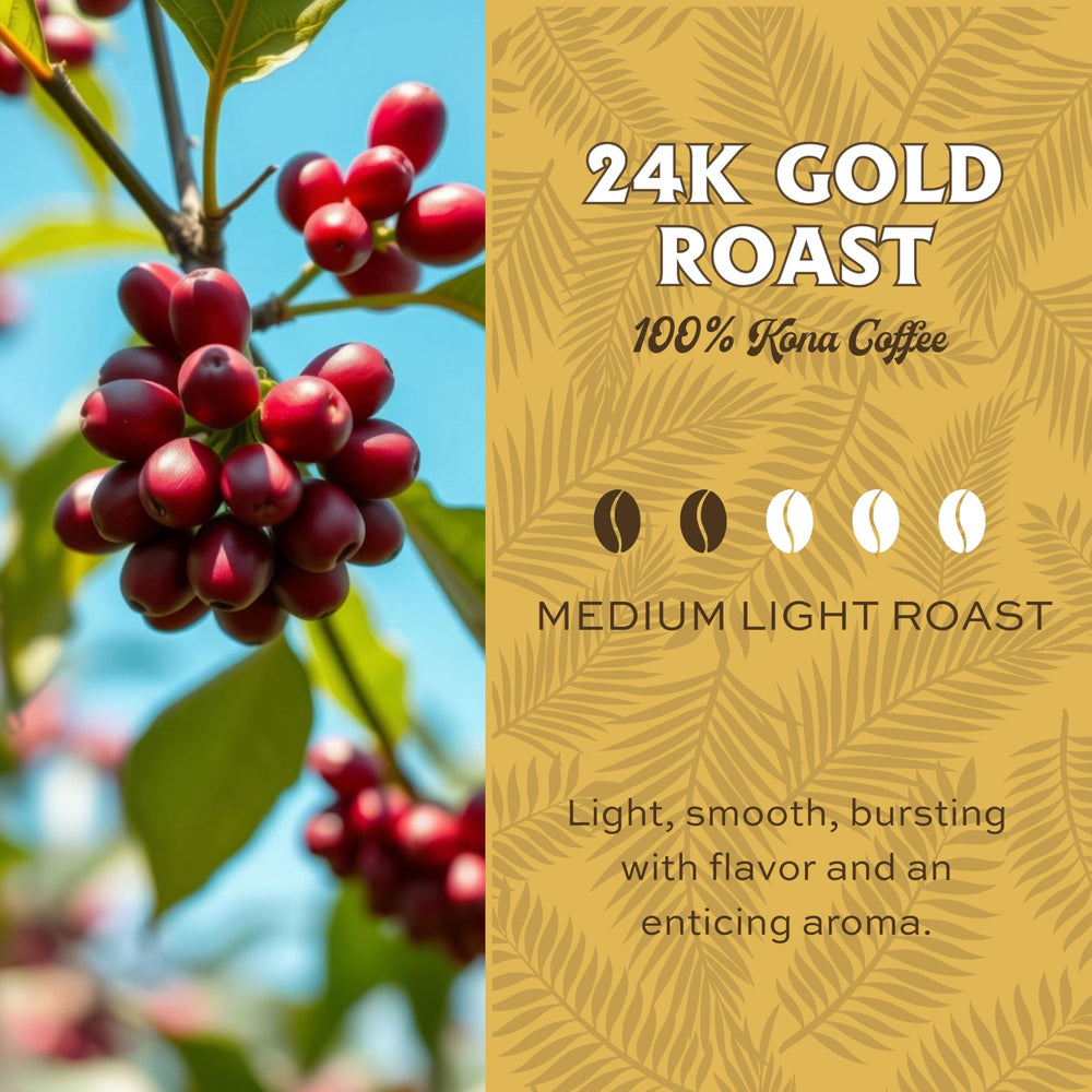 Lion Coffee 24K Gold Roast Hawaii origin beans conveying tropical origin and aroma.