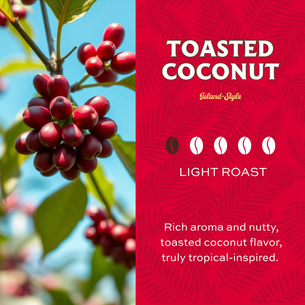 Lion Coffee toasted coconut beans close-up highlights light roast aroma for mornings.