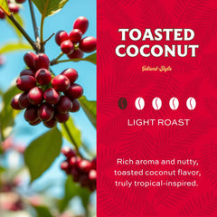 Lion Coffee toasted coconut beans close-up highlights light roast aroma for mornings.
