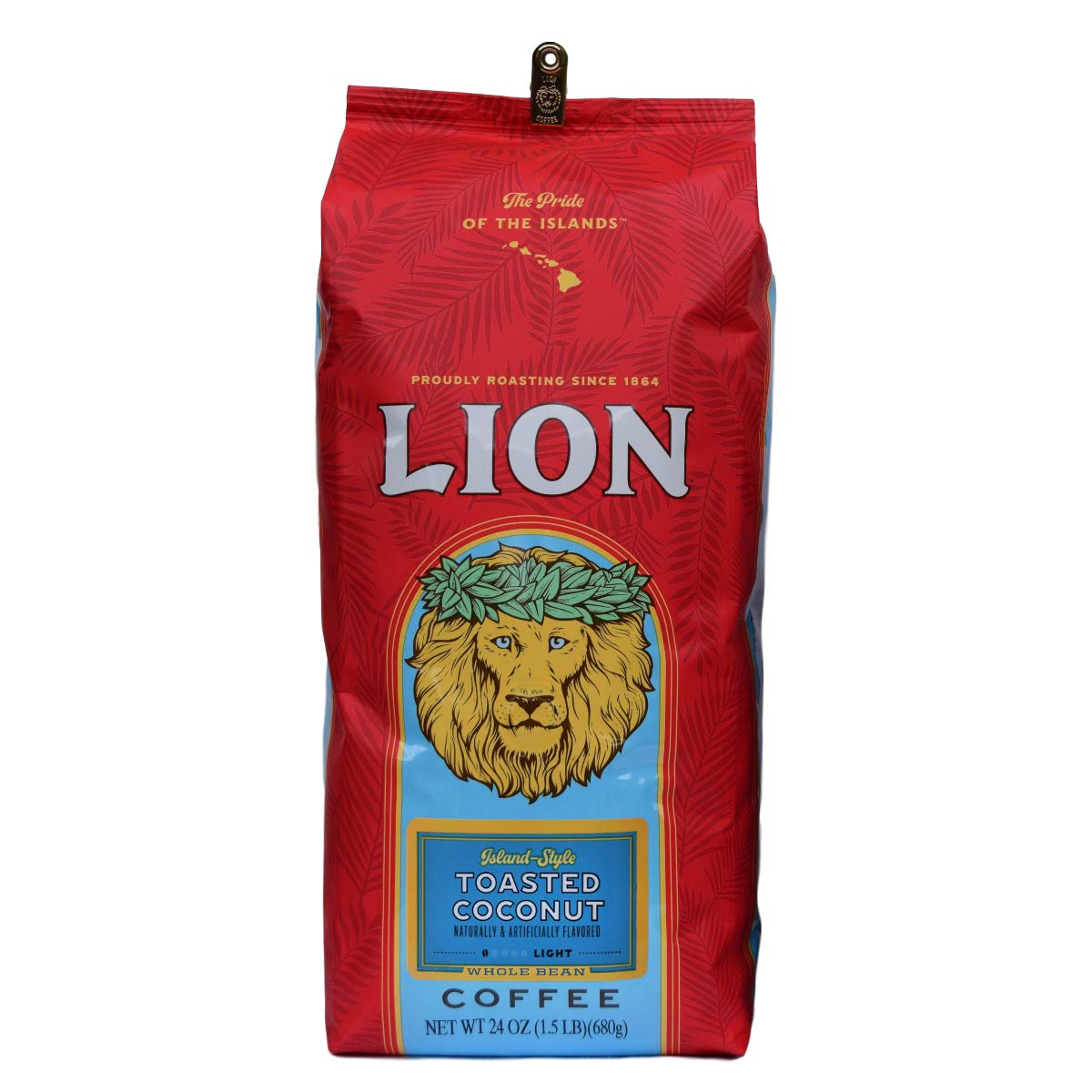Lion Coffee toasted coconut label front signals tropical flavor and premium packaging.