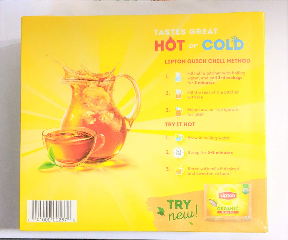 Lipton Black Tea Bags 100-count, packaging close-up, naturally hydrating and flavorful.