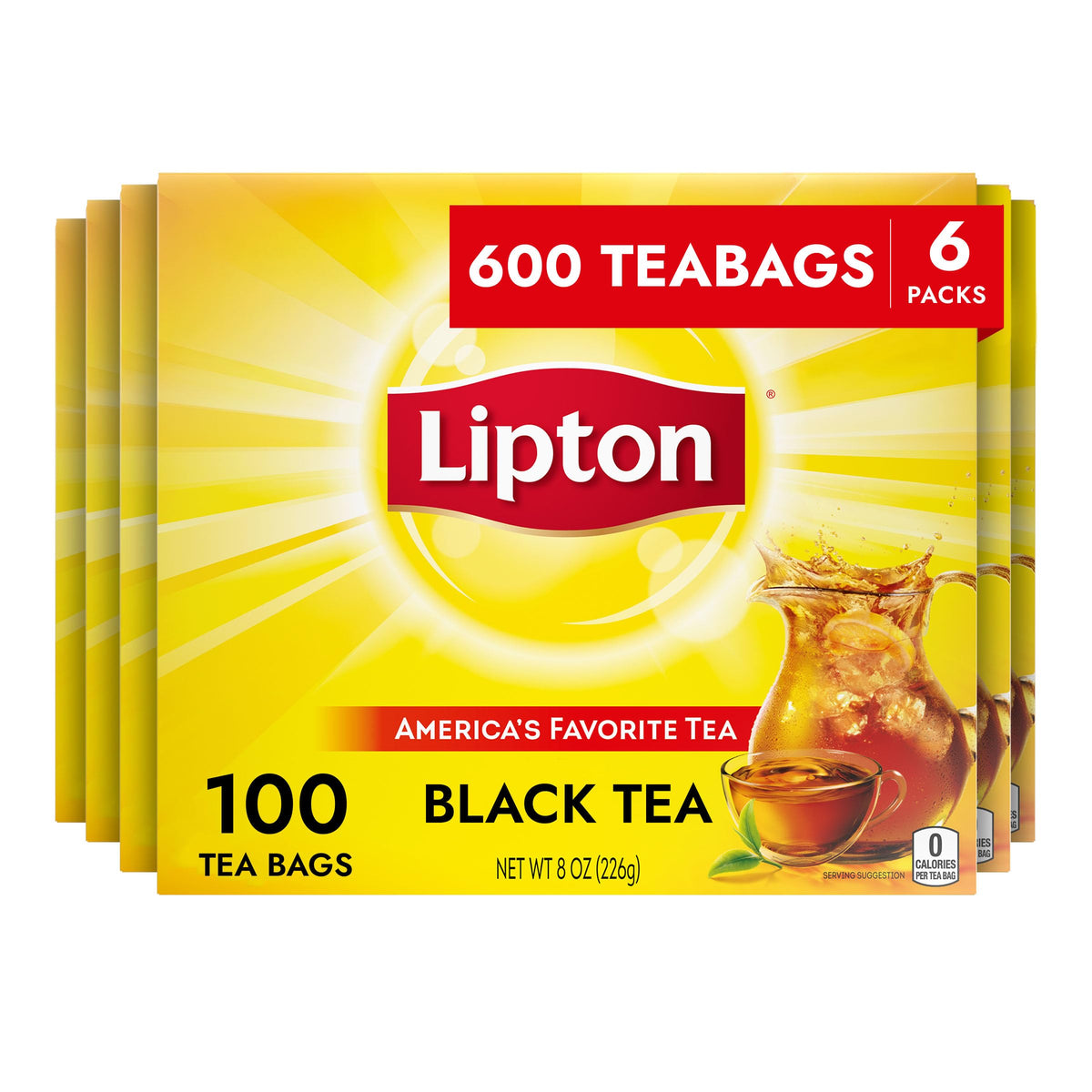 Lipton black tea bags 6-pack on shelf, convenient for daily hot or iced tea.