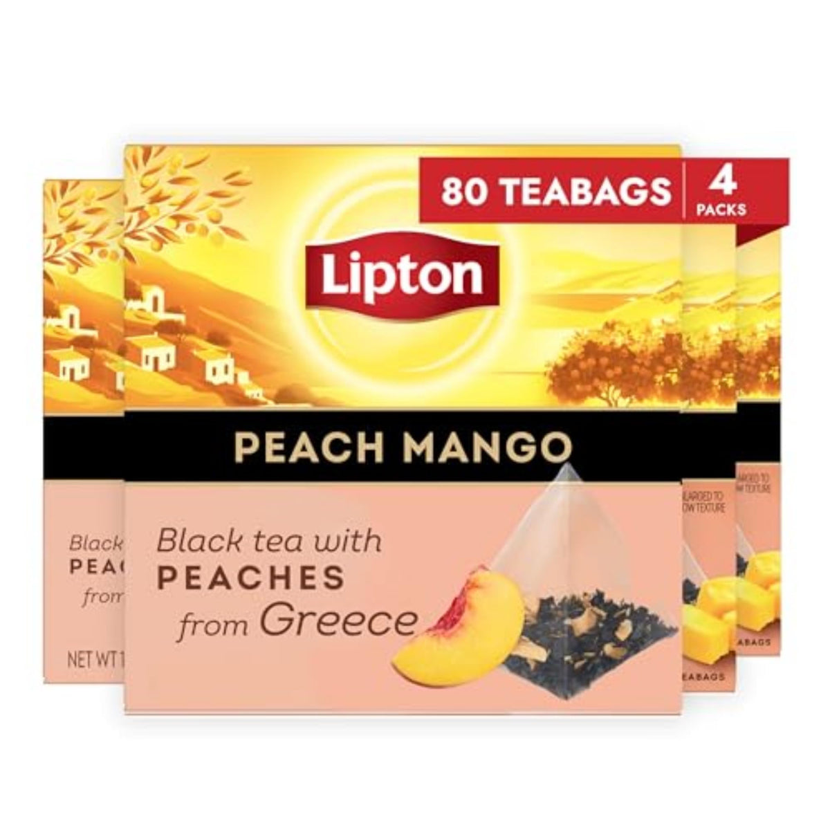 Lipton Black Tea Peach Mango pyramid tea bags infuse rich fruit aromas.