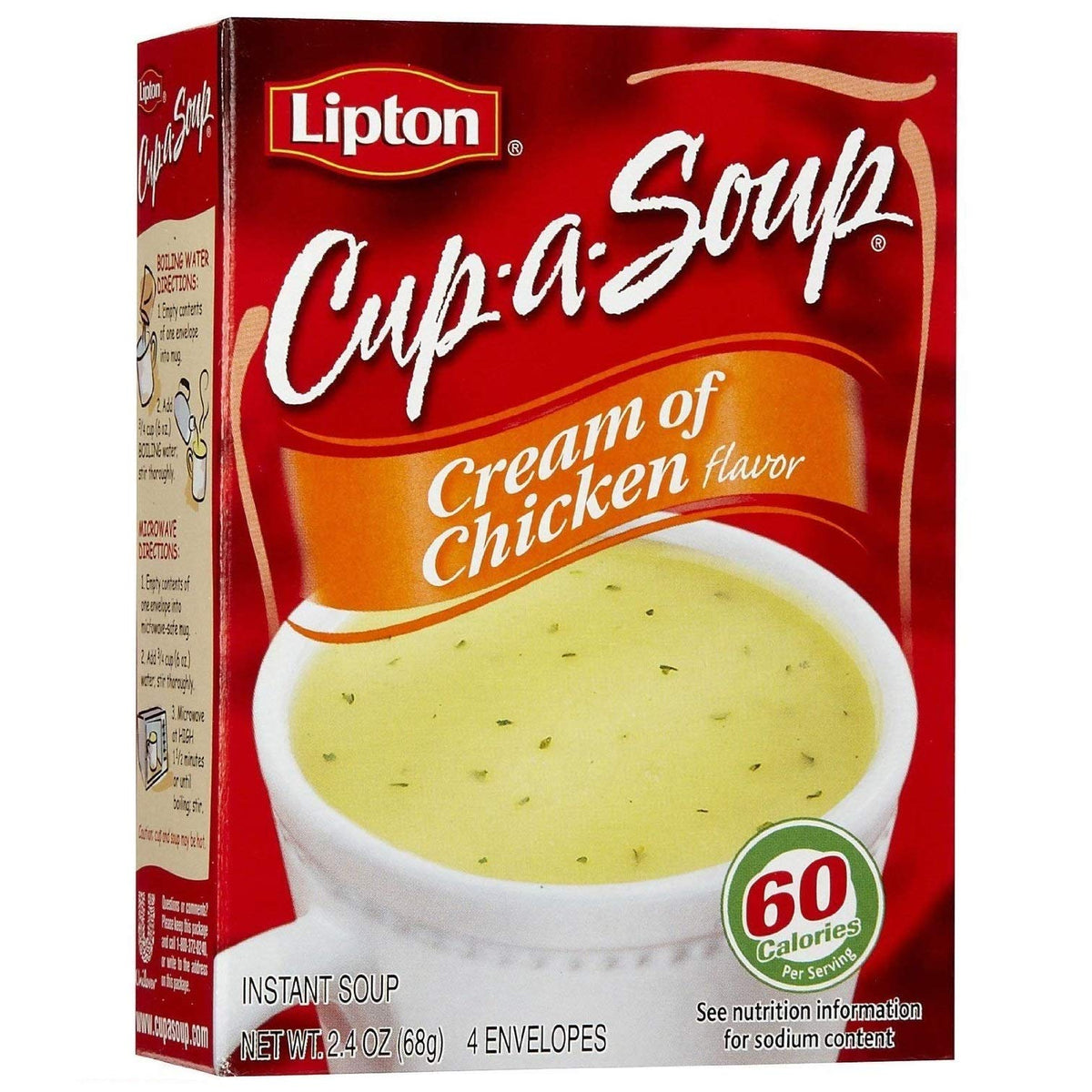 Lipton Cup-A-Soup Cream of Chicken 4-count box, quick ready-to-serve comfort for busy days.