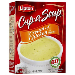 Lipton Cup-A-Soup Cream of Chicken 4-count box, quick ready-to-serve comfort for busy days.