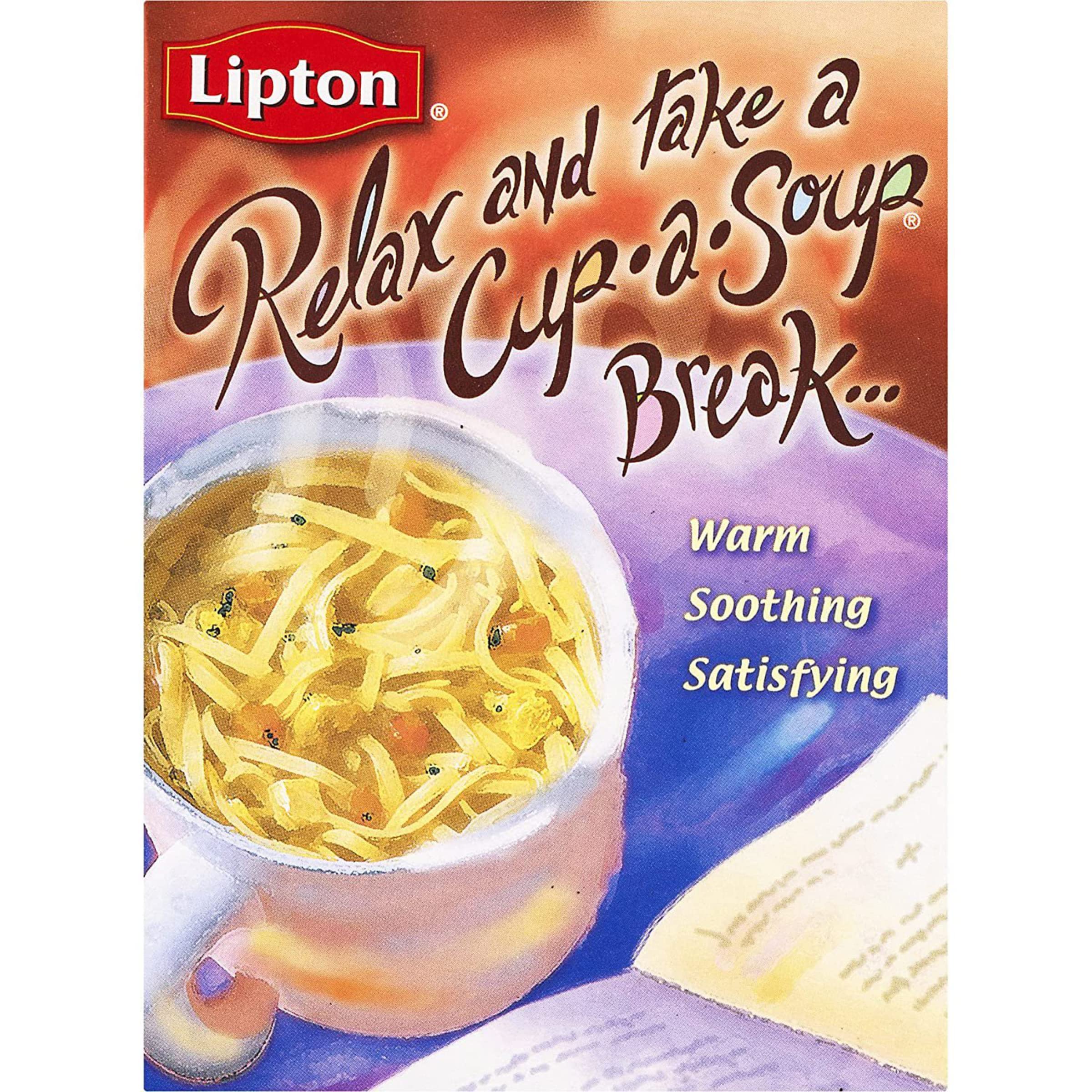 Lipton Cup-a-Soup Cream of Chicken six-pack box on kitchen shelf