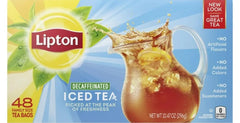 Lipton decaf black iced tea bags, 48-count, ideal for refreshing unsweetened beverages.
