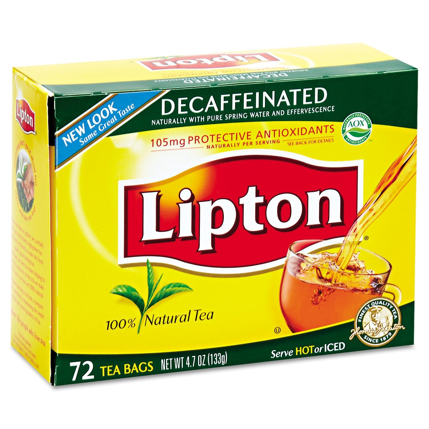 Lipton decaf black tea box with 72-count packaging for food service use