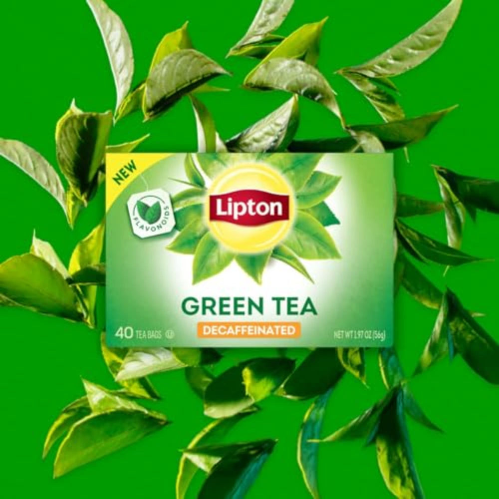 Lipton Decaf Green Tea Bags being poured into a cup for hot tea