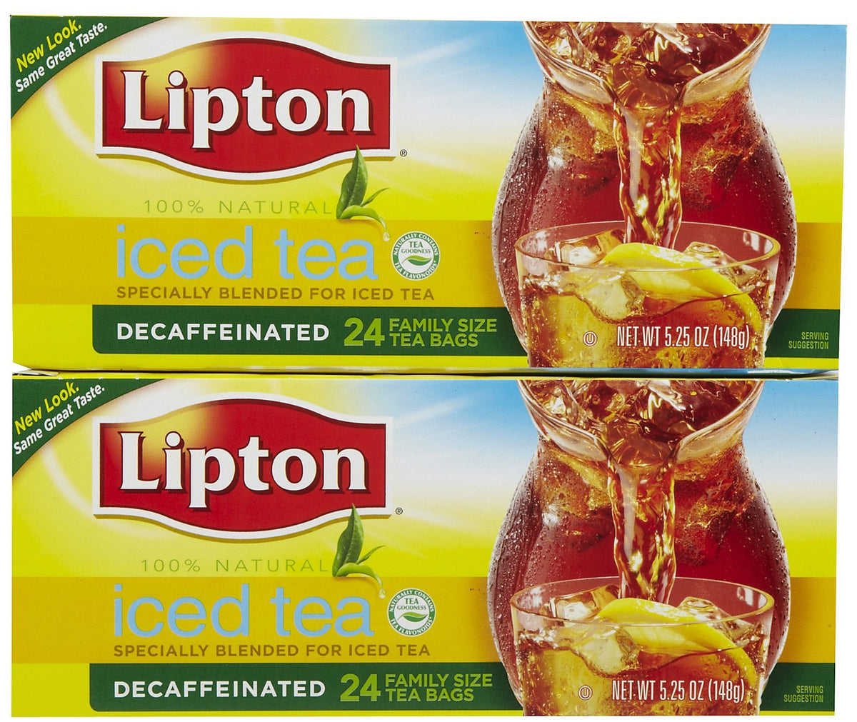 Lipton Decaffeinated Iced Tea, family-size tea bags, ideal for caffeine-free refreshment and easy hosting.