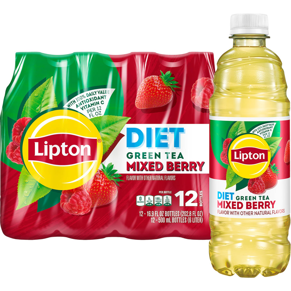 Lipton Diet Mixed Berry Green Tea bottle front view, zero sugar, refreshing on the go.