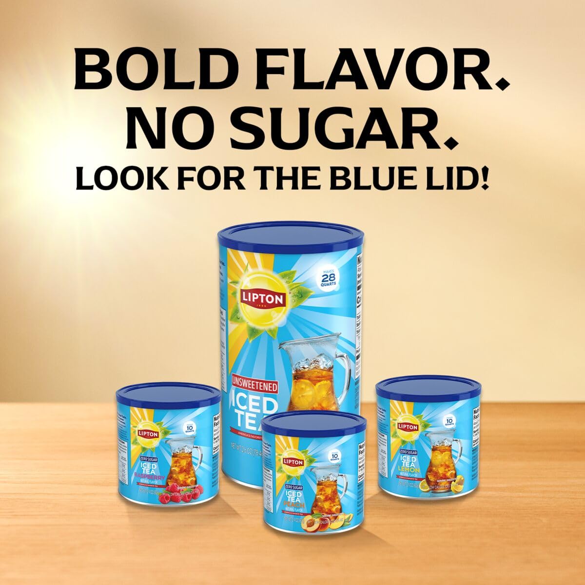 Lipton Diet Peach Iced Tea Mix shown with a large kitchen pitcher, yielding 10 quarts.