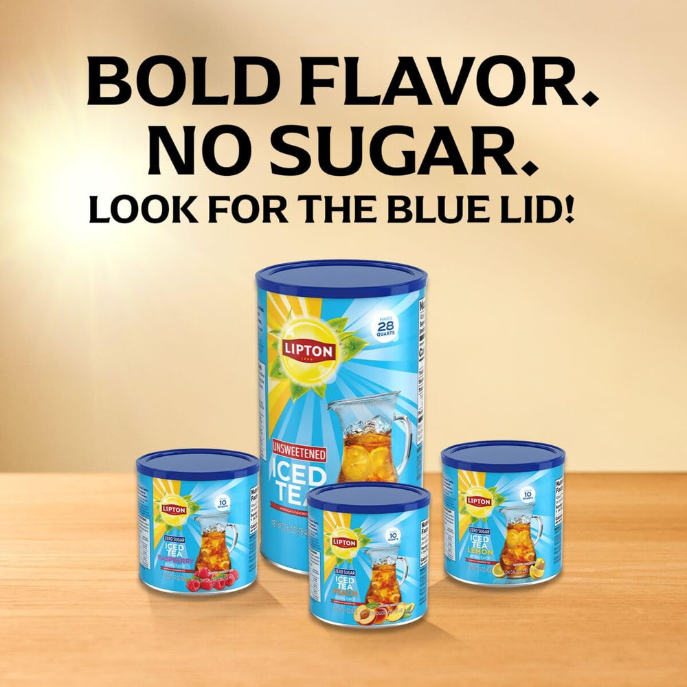 Lipton Diet Peach Iced Tea Mix shown with a large kitchen pitcher, yielding 10 quarts.