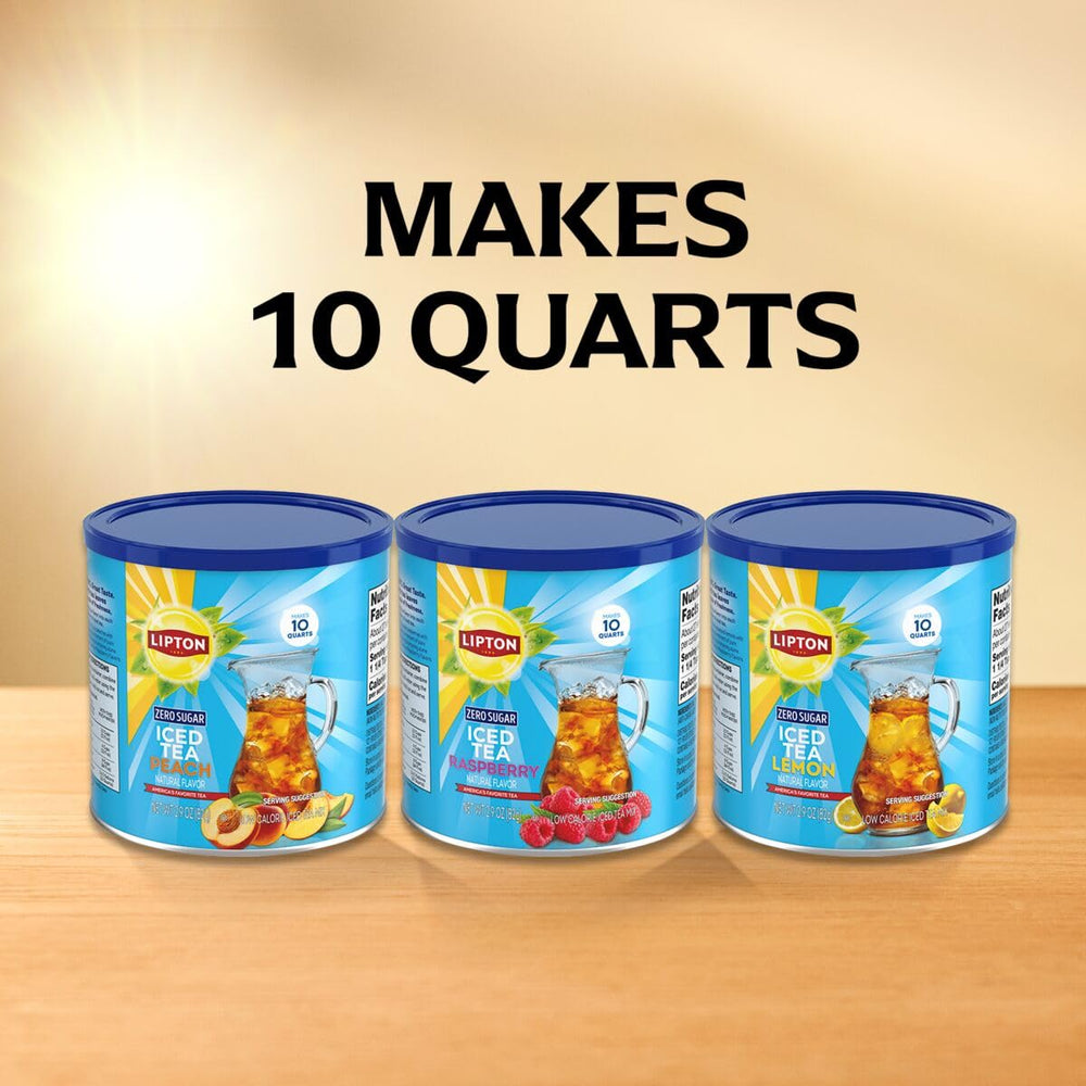 Lipton Diet Peach Iced Tea Mix serving ideas shown in glass, pitcher, or on-the-go cup.