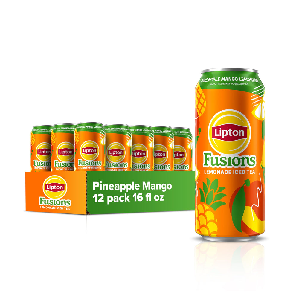 Lipton Fusions Pineapple Mango Lemonade Iced Tea can front view, refreshing on-the-go