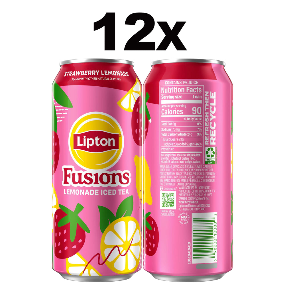 Lipton Fusions Strawberry Lemonade Iced Tea can showcases a zesty fruity refreshment for summer