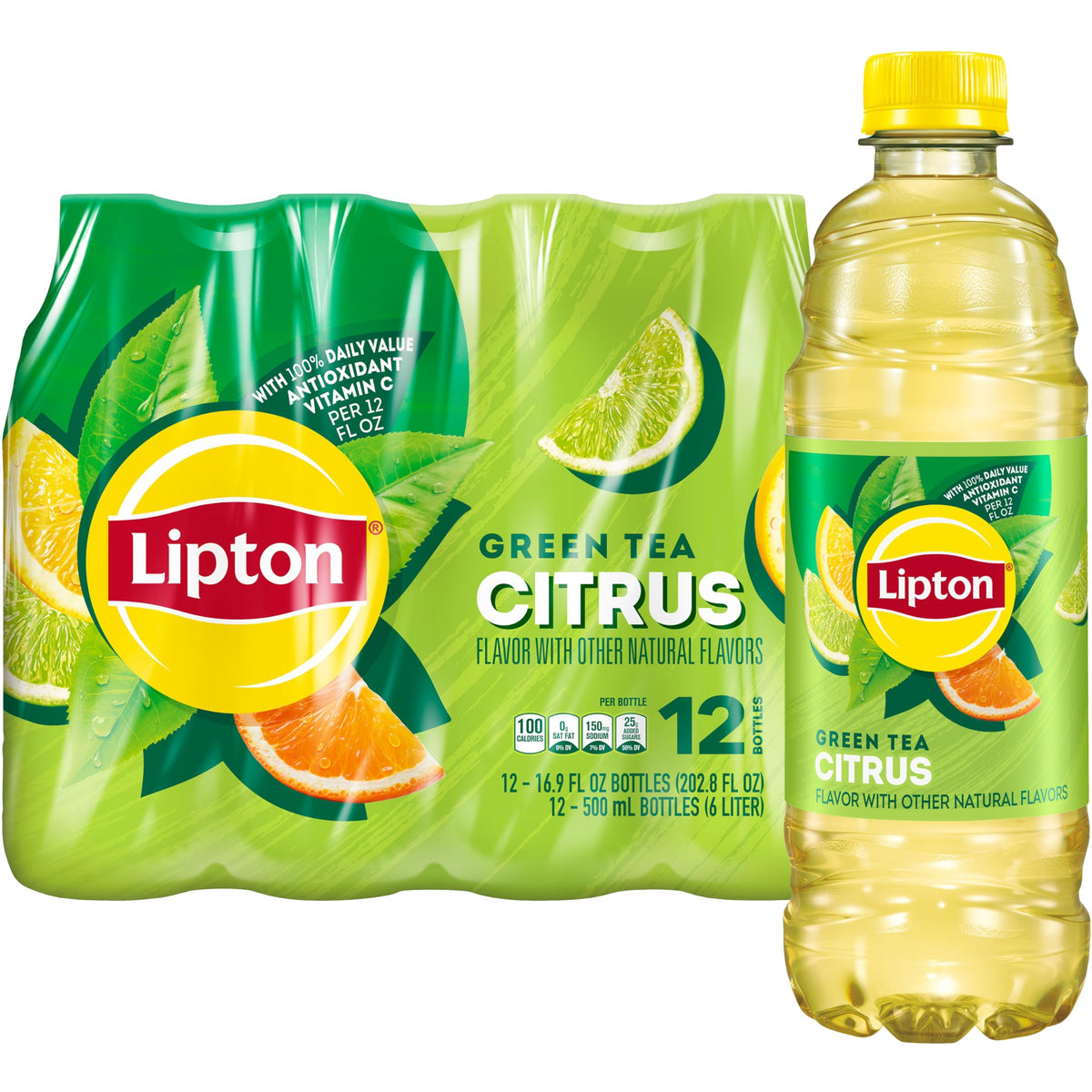 Lipton Green Tea Citrus bottle front view showing crisp, refreshing taste.