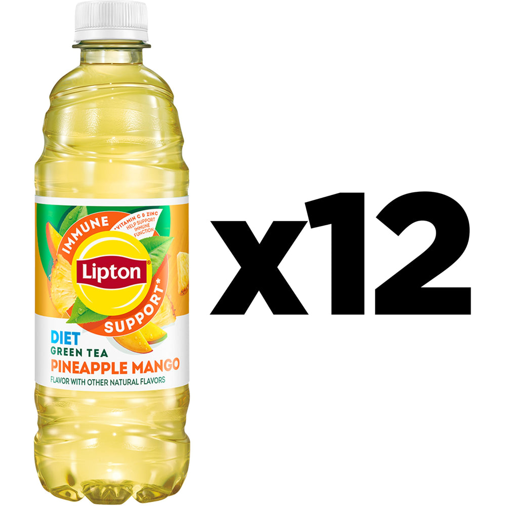 Lipton Immune Support Diet Pineapple Mango bottle pouring into glass demonstrates a refreshing zero-calorie option.