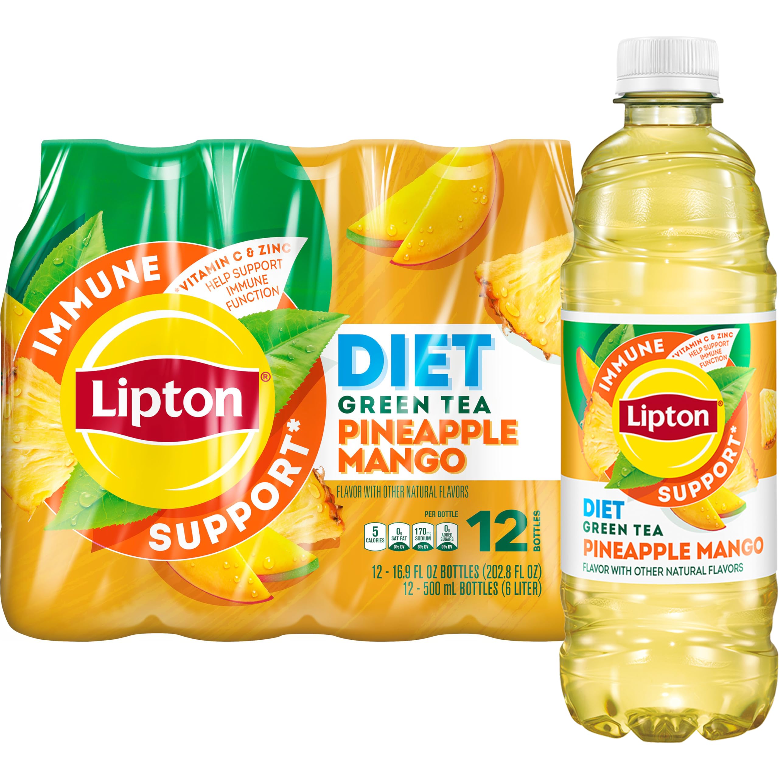 Lipton Immune Support Diet Pineapple Mango bottle close-up with zero sugar and tropical flavor.