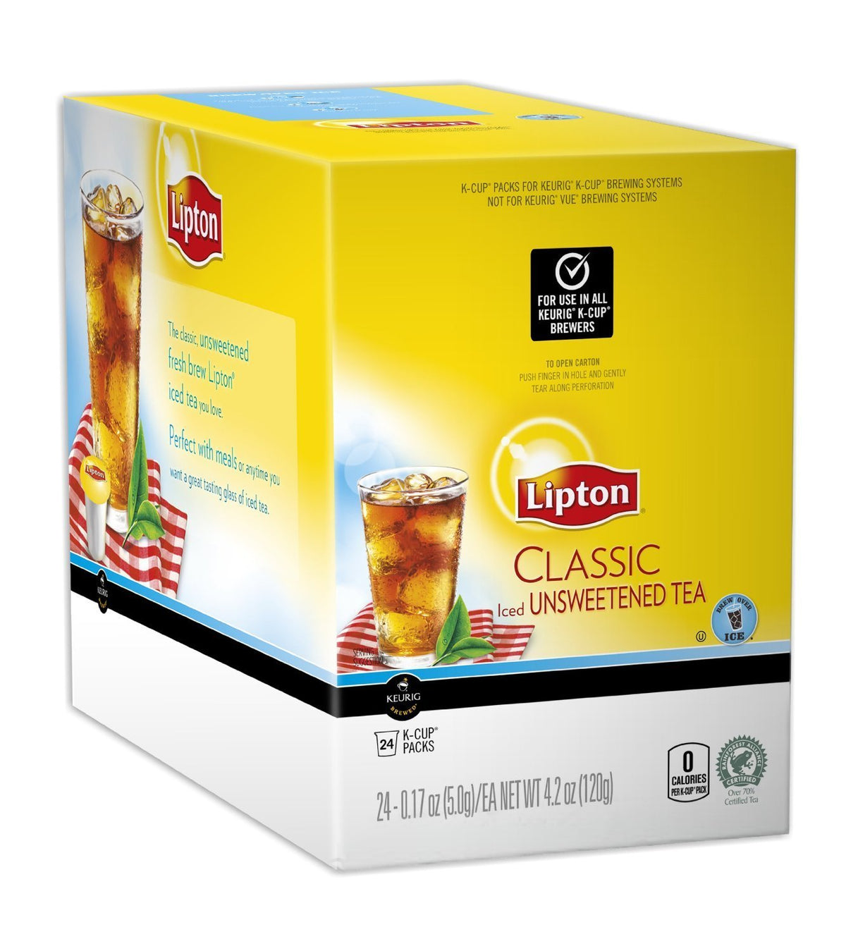 Lipton K-Cup Classic Unsweetened Iced Tea box front, 96-count.