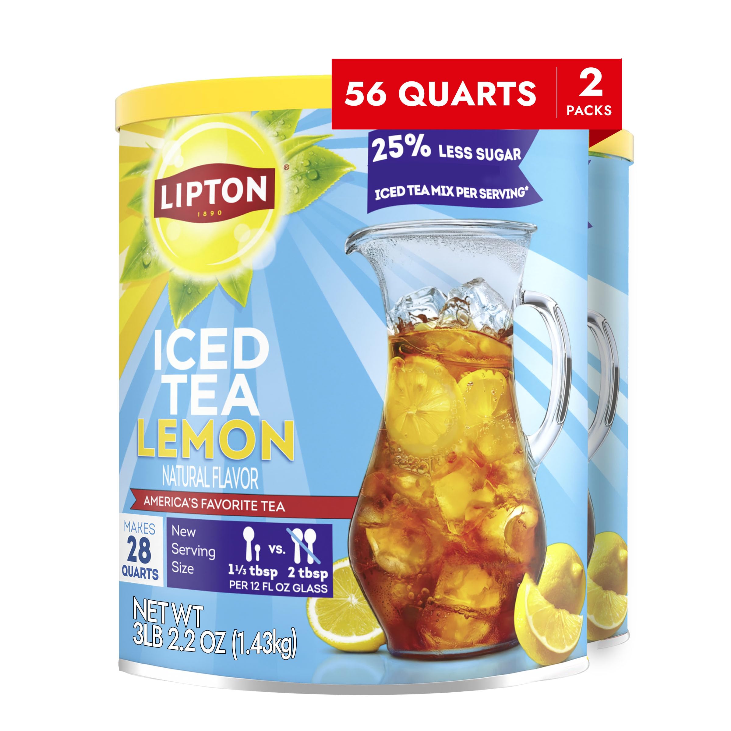 Lipton Lemon Flavor Iced Tea Mix canister label shows 28 quarts and OU Kosher certification.