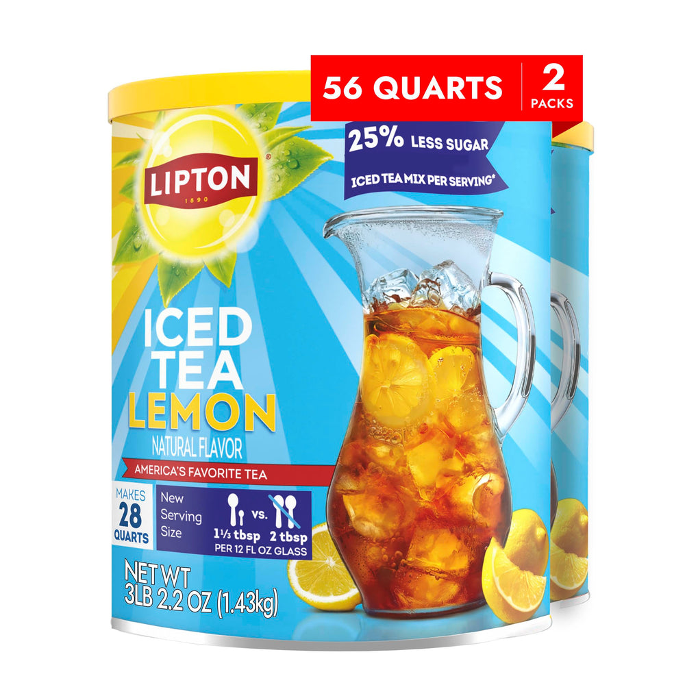 Lipton Lemon Flavor Iced Tea Mix canister label shows 28 quarts and OU Kosher certification.