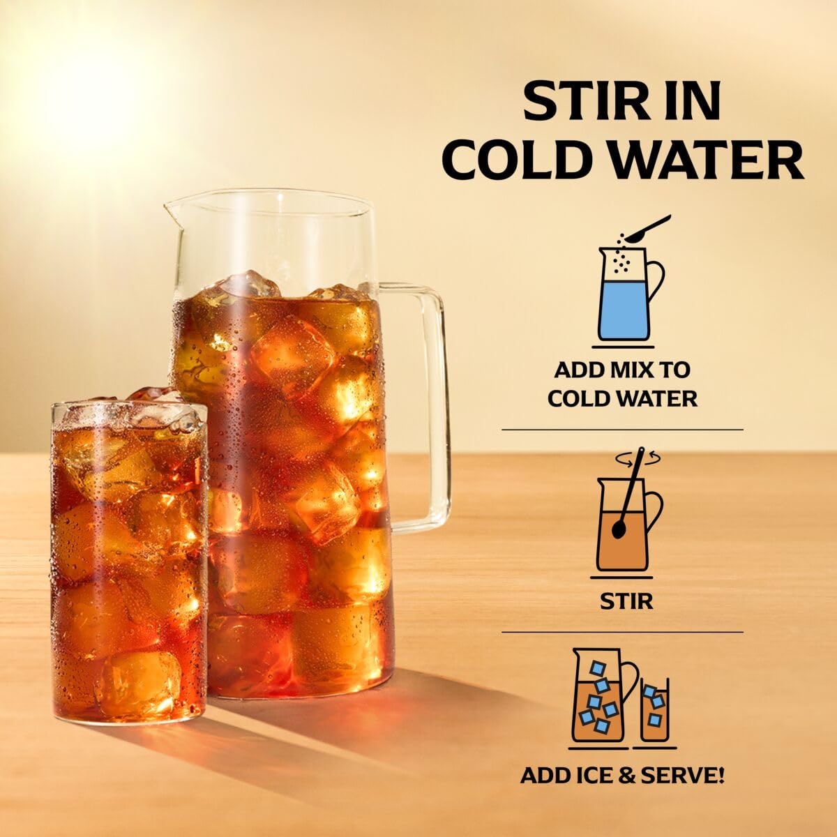 Chilled glass with ice and lemon slice displays serving-ready presentation.