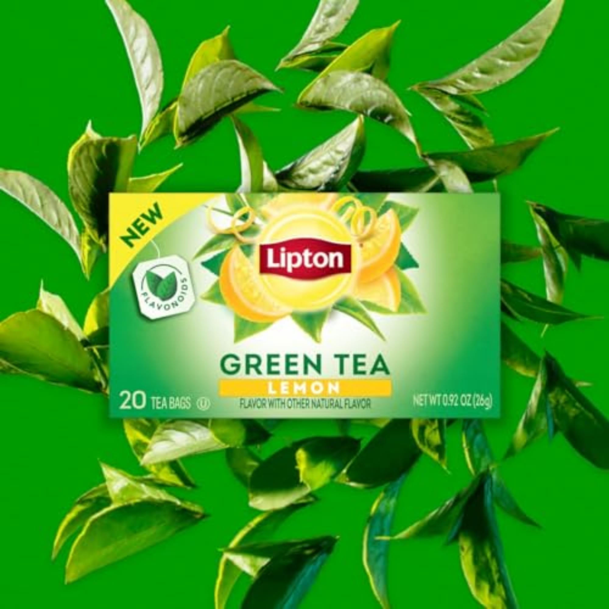 Lipton Lemon Green Tea box packaging, easy-to-store six-pack.