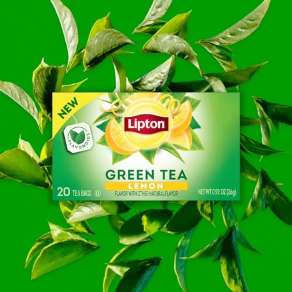 Lipton Lemon Green Tea box packaging, easy-to-store six-pack.