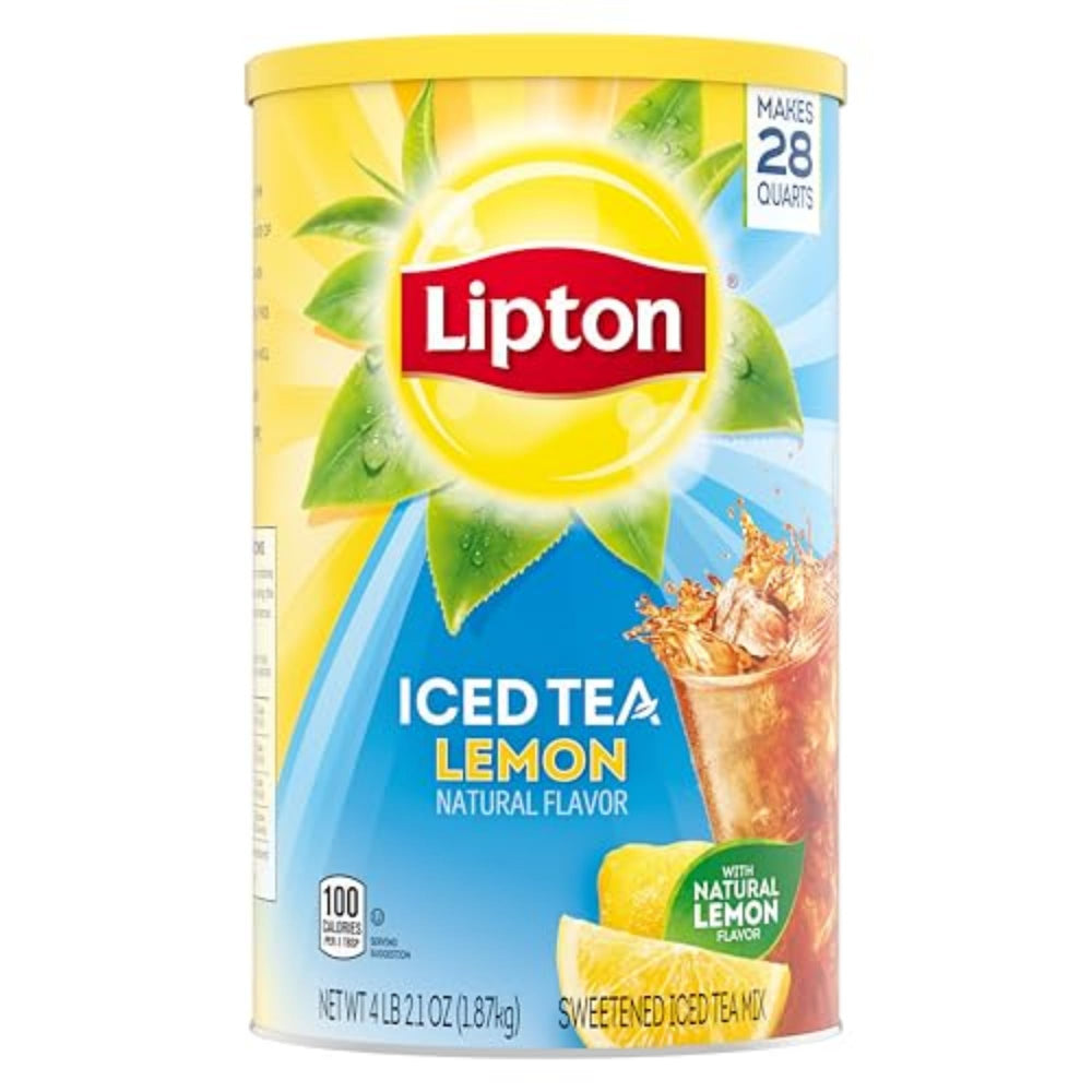 Lipton Lemon Iced Tea Mix with lemon slices highlighting vibrant citrus taste.