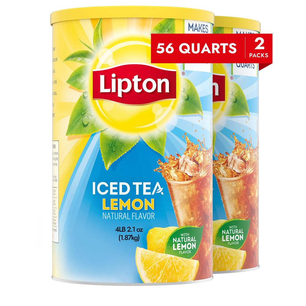 Lipton Lemon Iced Tea Mix packaging highlighting lemon flavor for refreshed family gatherings.