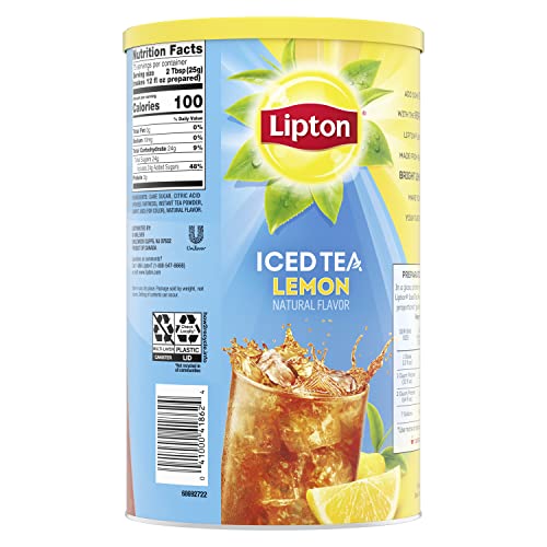 Lipton Lemon Iced Tea Mix being poured into a glass for instant refreshment.