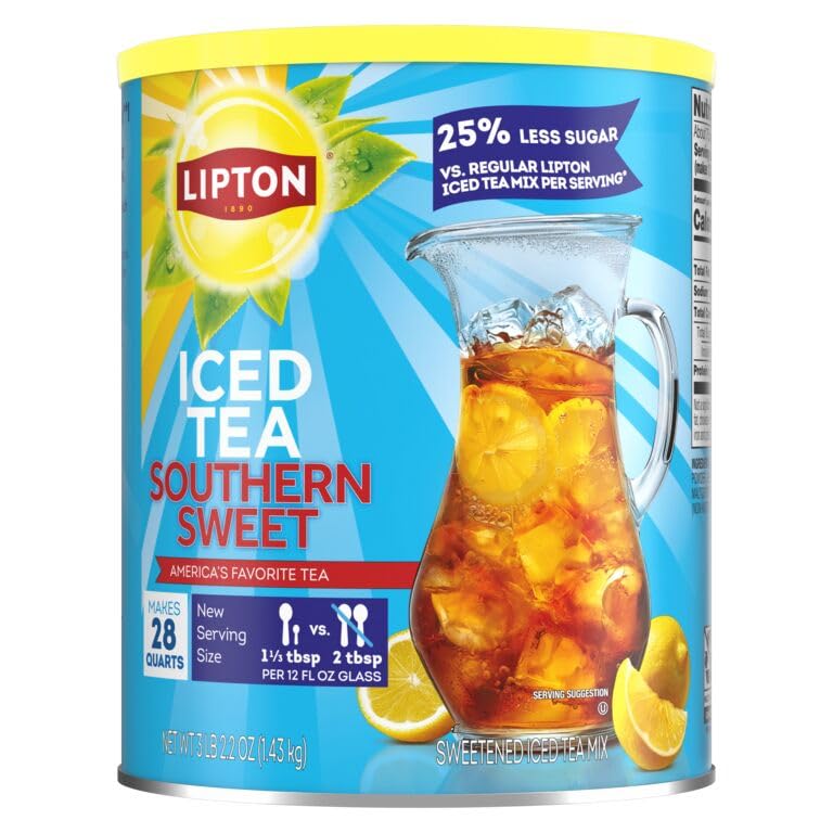  Lipton Lemon Iced Tea Mix being poured over ice for refreshment