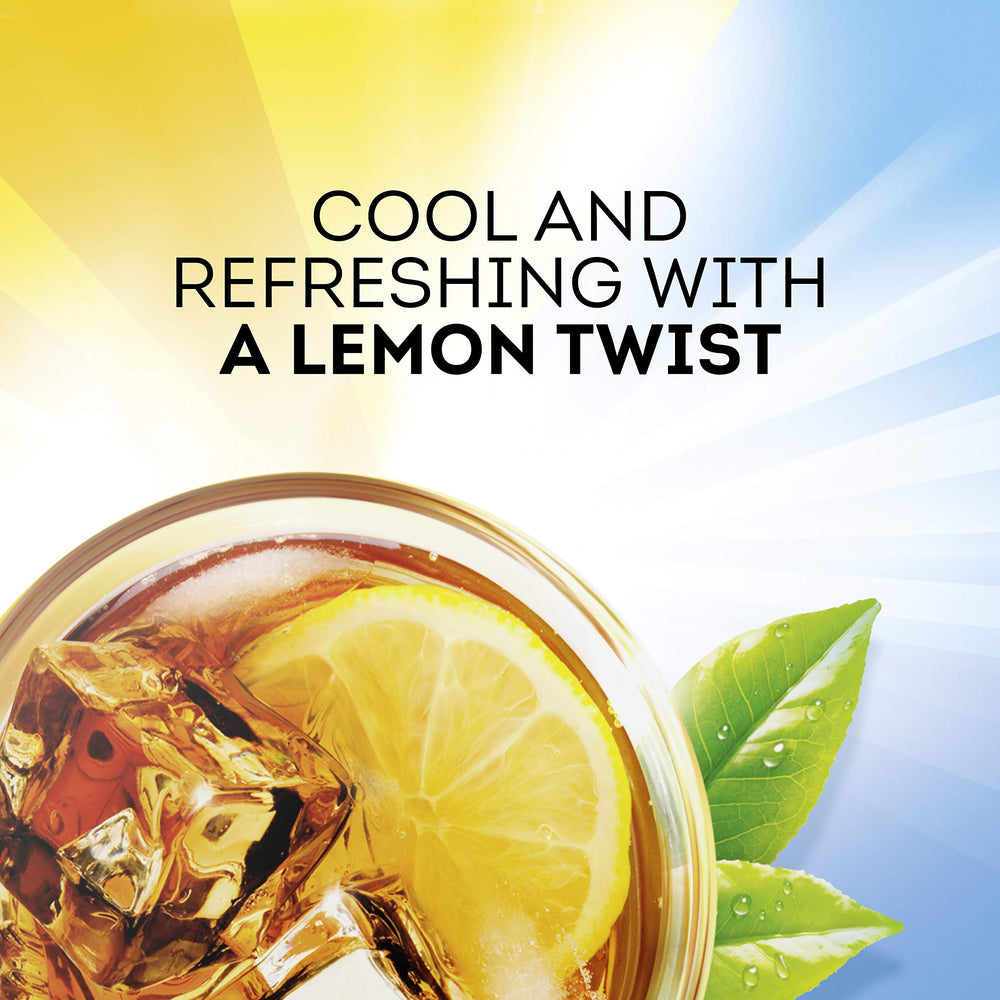 Refreshing Lipton Lemon Iced Tea Mix on a sunlit table with glasses.